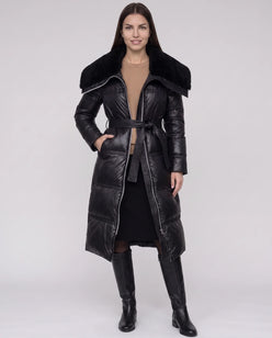 Long Belted Puffer Jacket with Faux Fur Collar