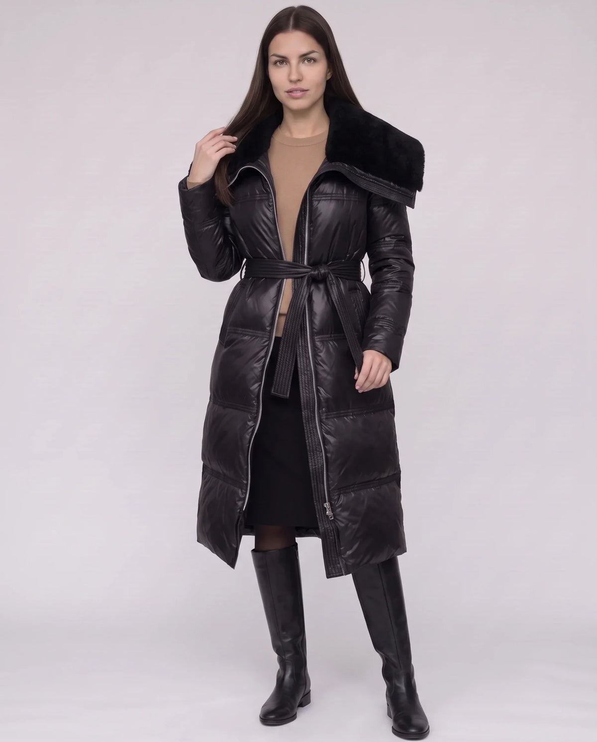 Long Belted Puffer Jacket with Faux Fur Collar