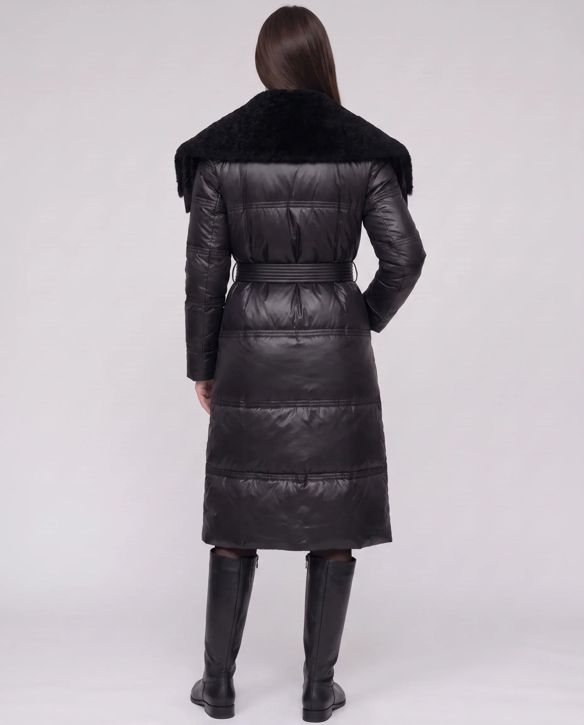 Long Belted Puffer Jacket with Faux Fur Collar