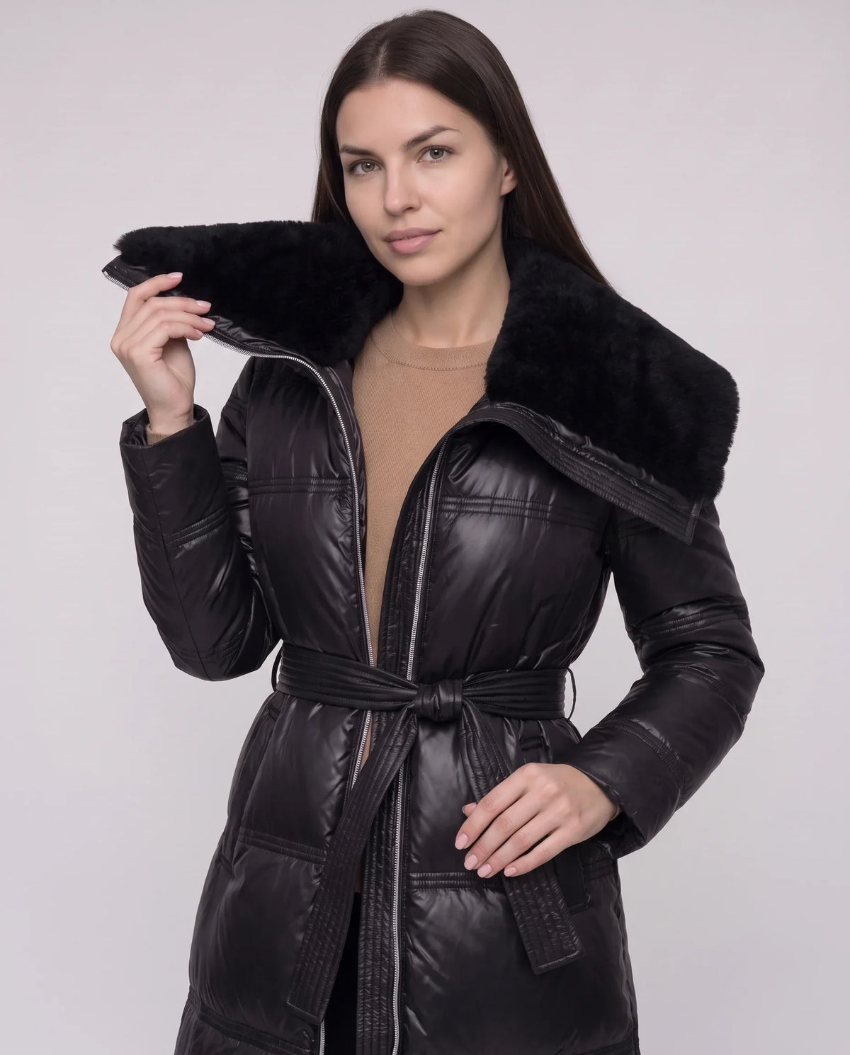 Long Belted Puffer Jacket with Faux Fur Collar