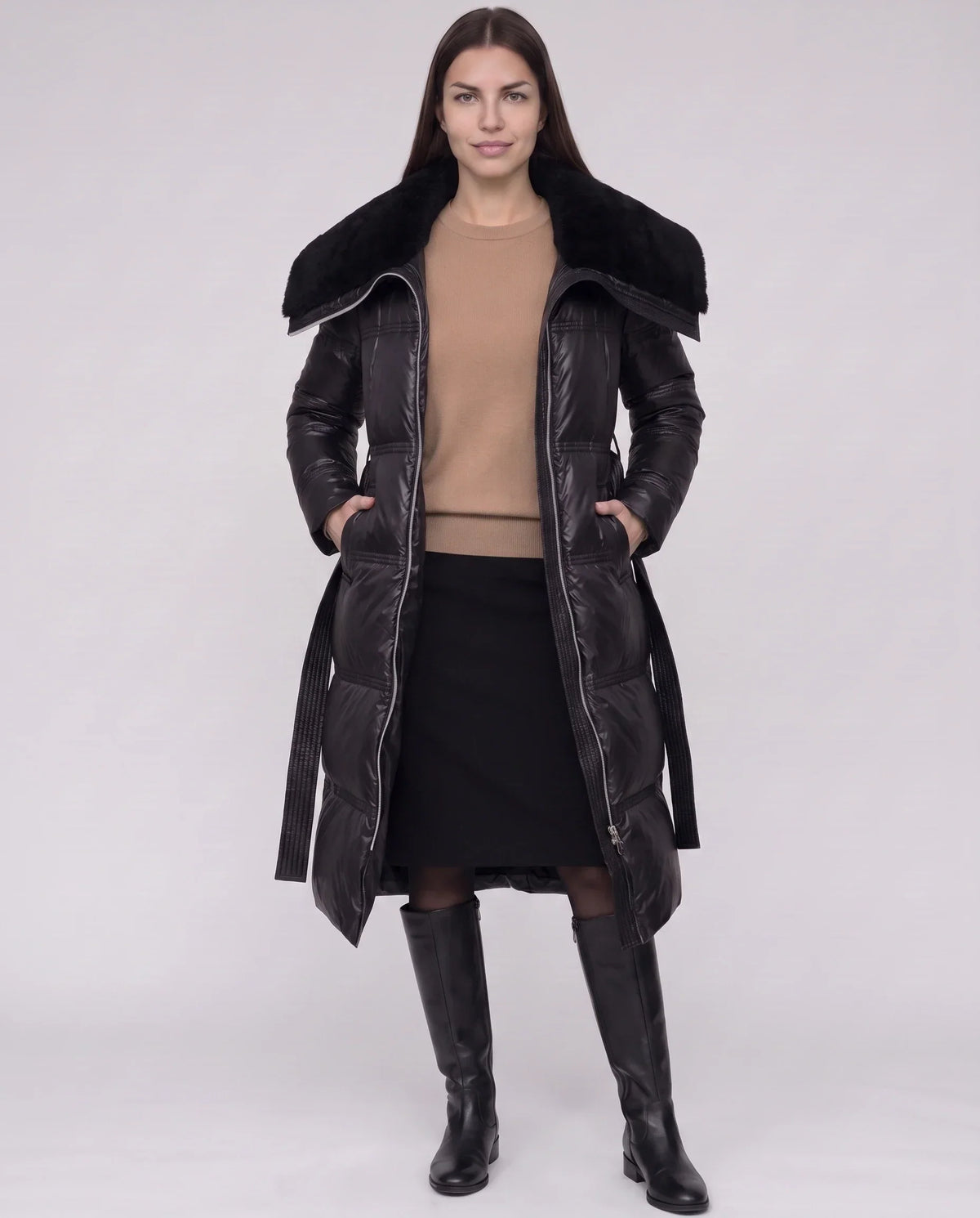 Long Belted Puffer Jacket with Faux Fur Collar