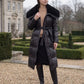 Long Belted Puffer Jacket with Faux Fur Collar