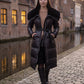 Long Belted Puffer Jacket with Faux Fur Collar