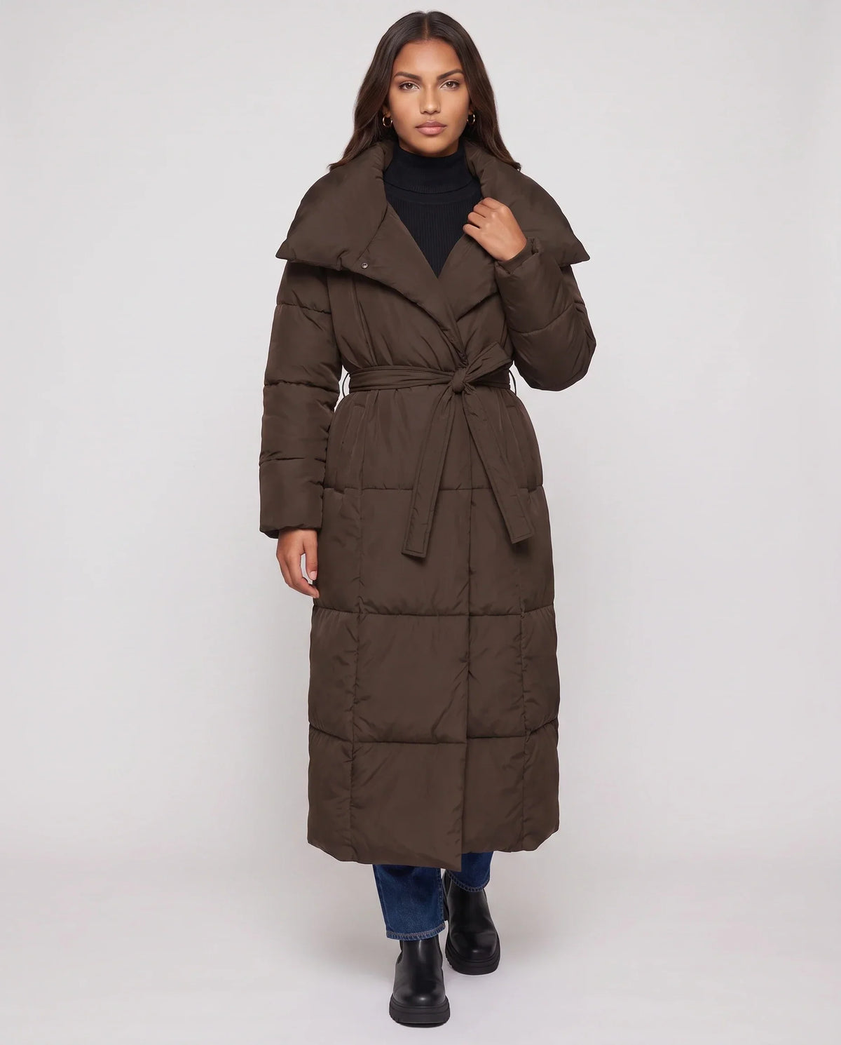 Extra-Long Belted Puffer Jacket with Quilted Shawl Collar