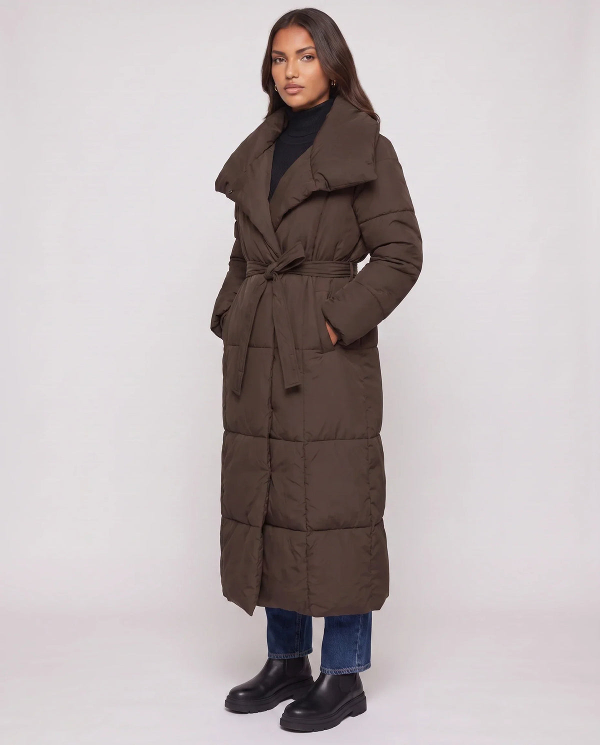 Extra-Long Belted Puffer Jacket with Quilted Shawl Collar