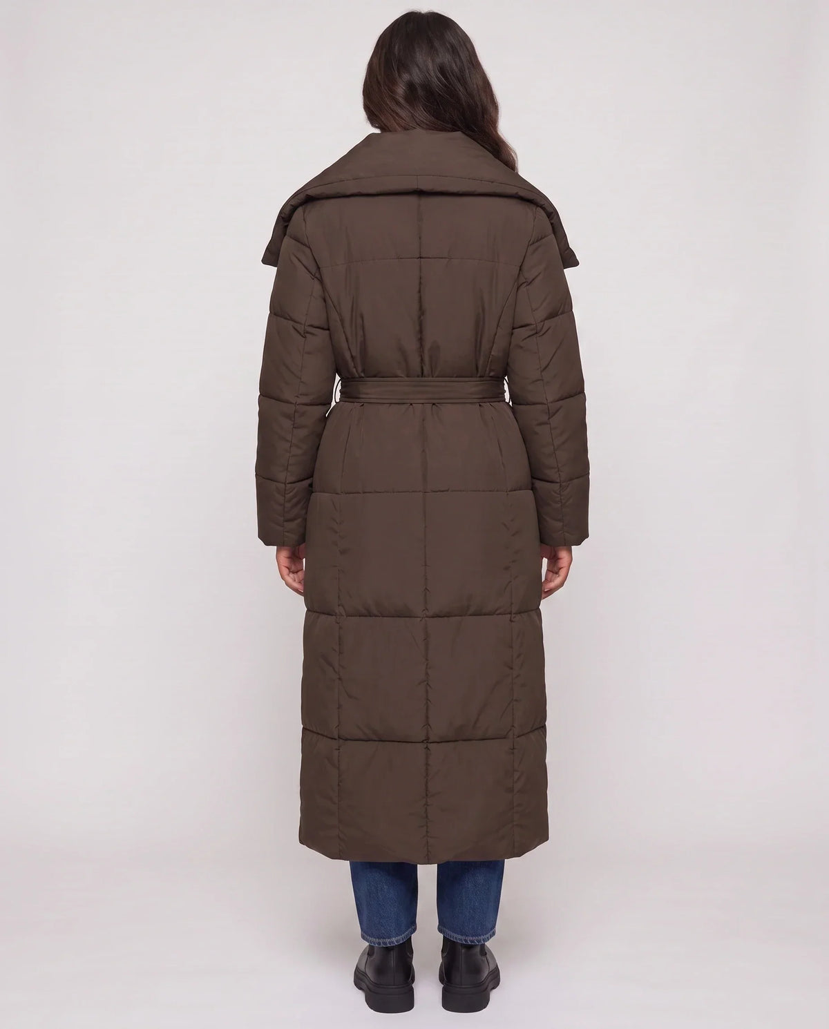 Extra-Long Belted Puffer Jacket with Quilted Shawl Collar