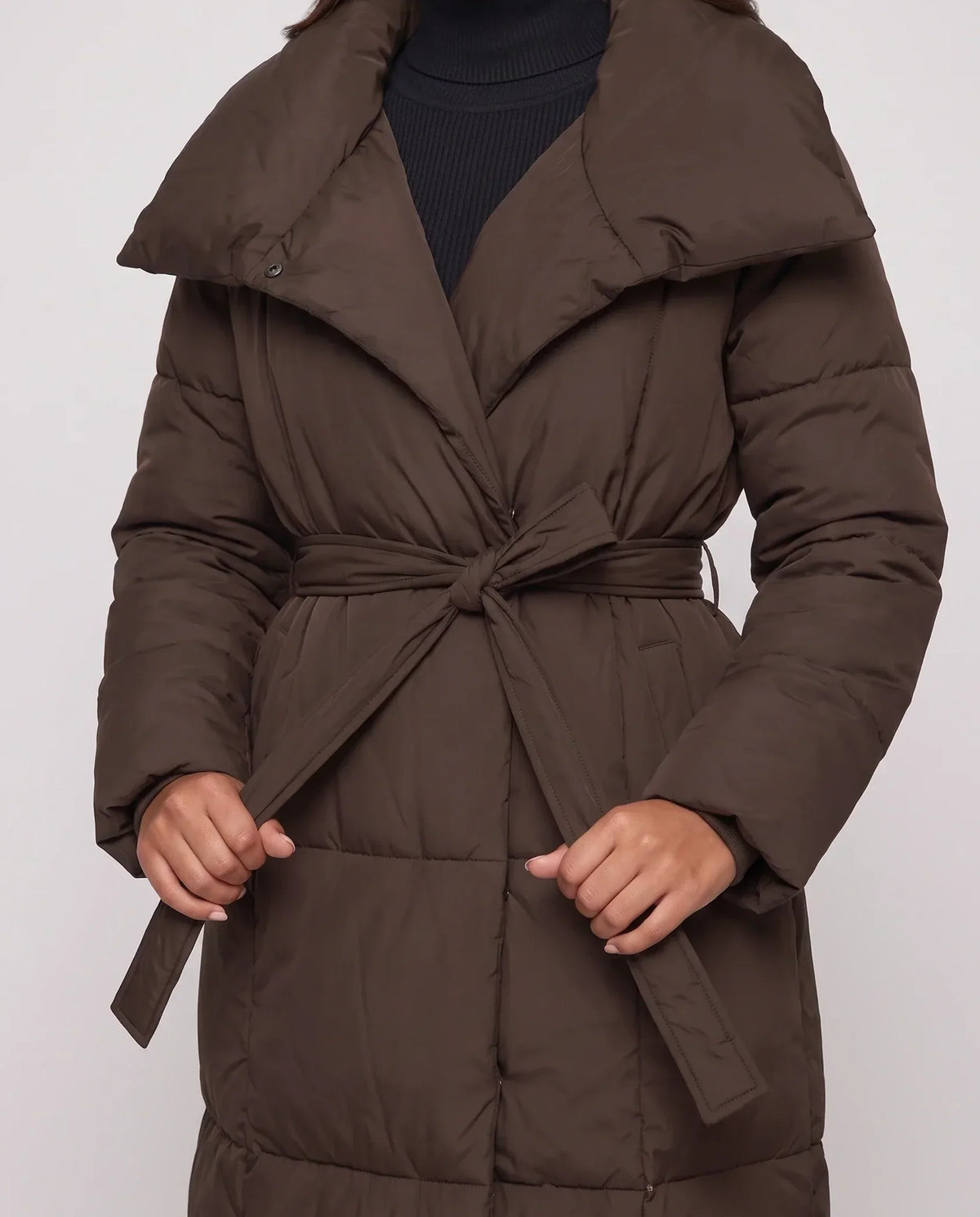 Extra-Long Belted Puffer Jacket with Quilted Shawl Collar