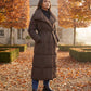 Extra-Long Belted Puffer Jacket with Quilted Shawl Collar