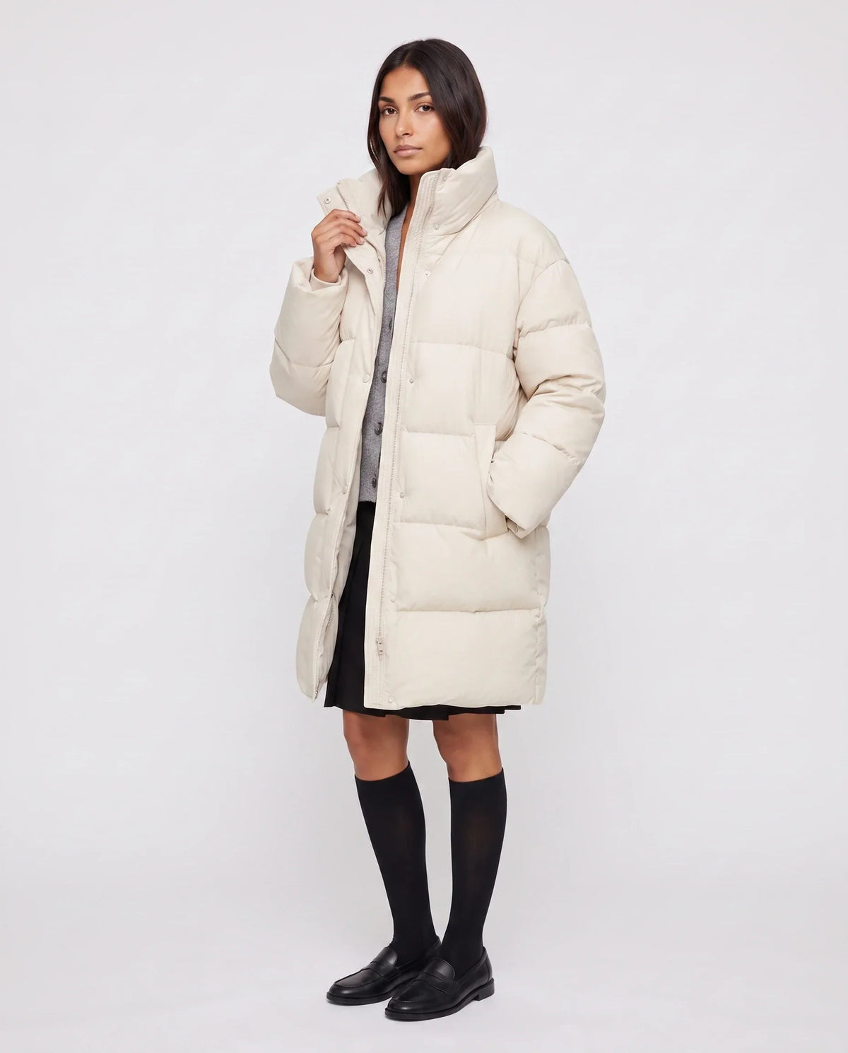 Long Cocoon Puffer Jacket with Funnel Collar