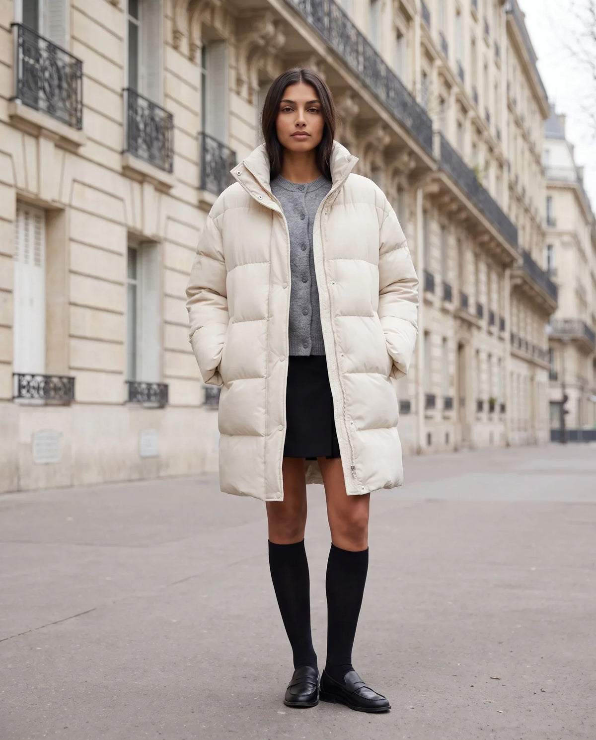 Long Cocoon Puffer Jacket with Funnel Collar