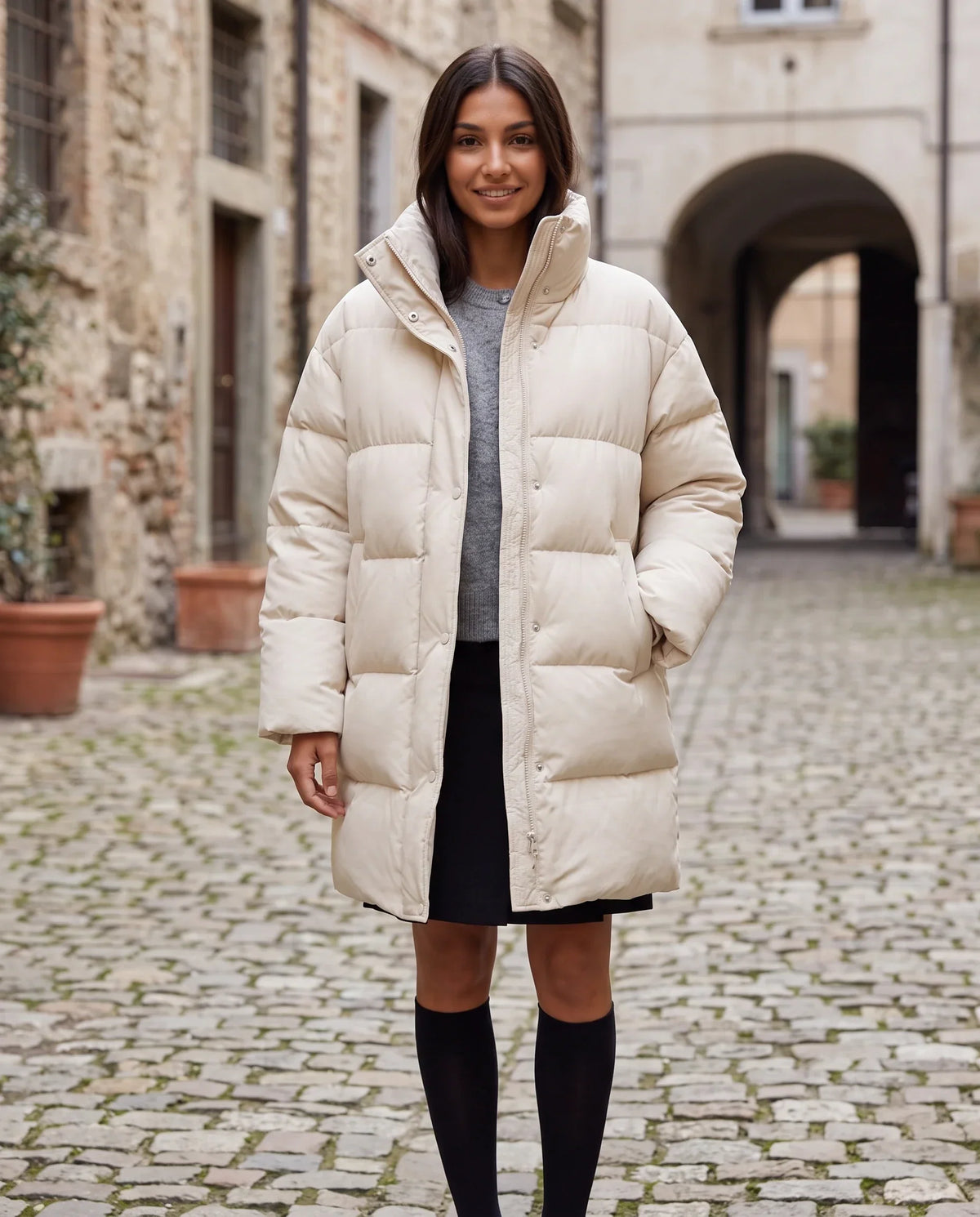 Long Cocoon Puffer Jacket with Funnel Collar