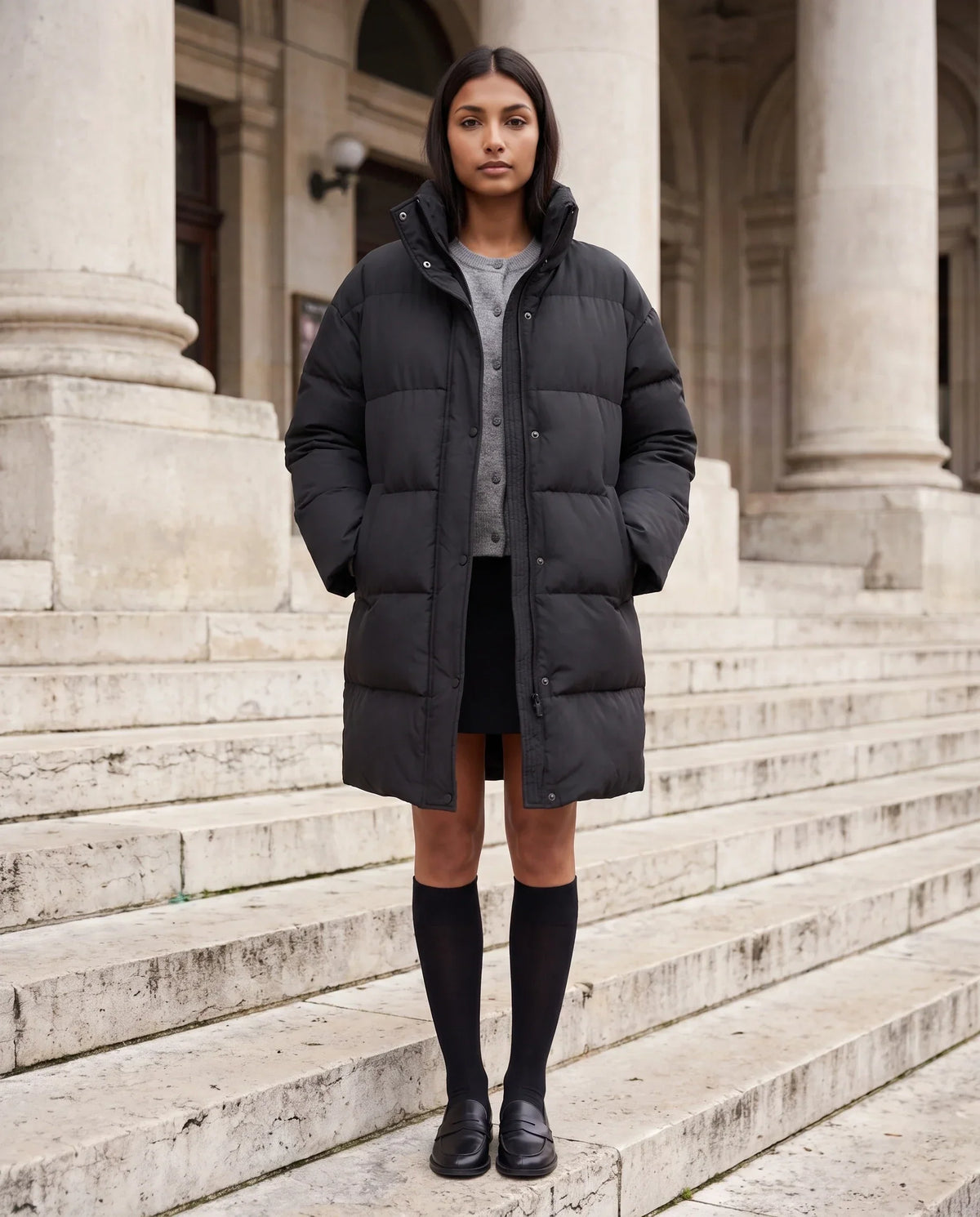 Long Cocoon Puffer Jacket with Funnel Collar