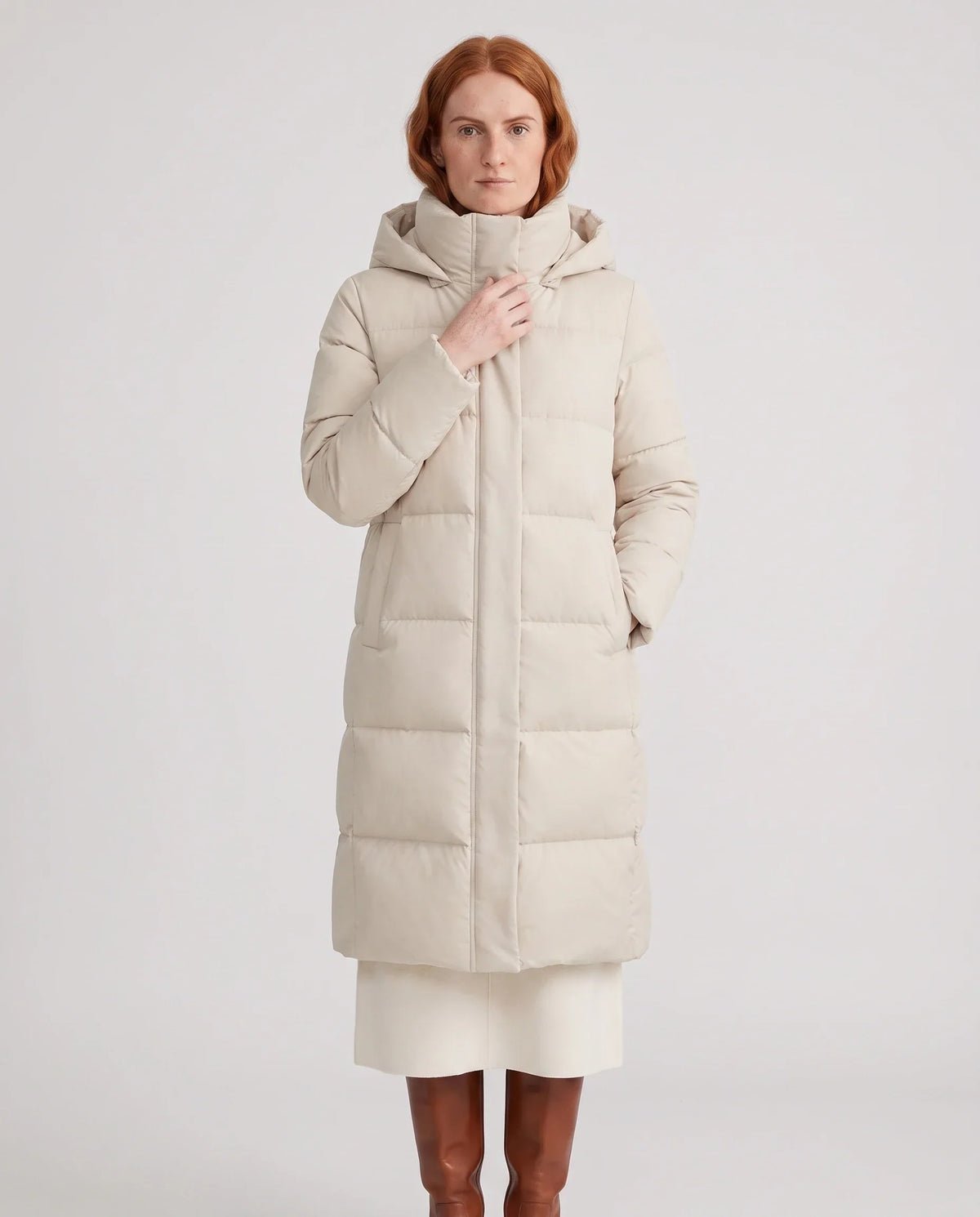 Long Water-Repellent Puffer Jacket with Hood Collar