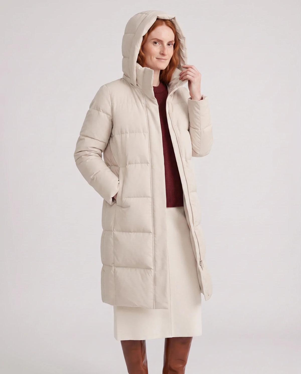 Long Water-Repellent Puffer Jacket with Hood Collar