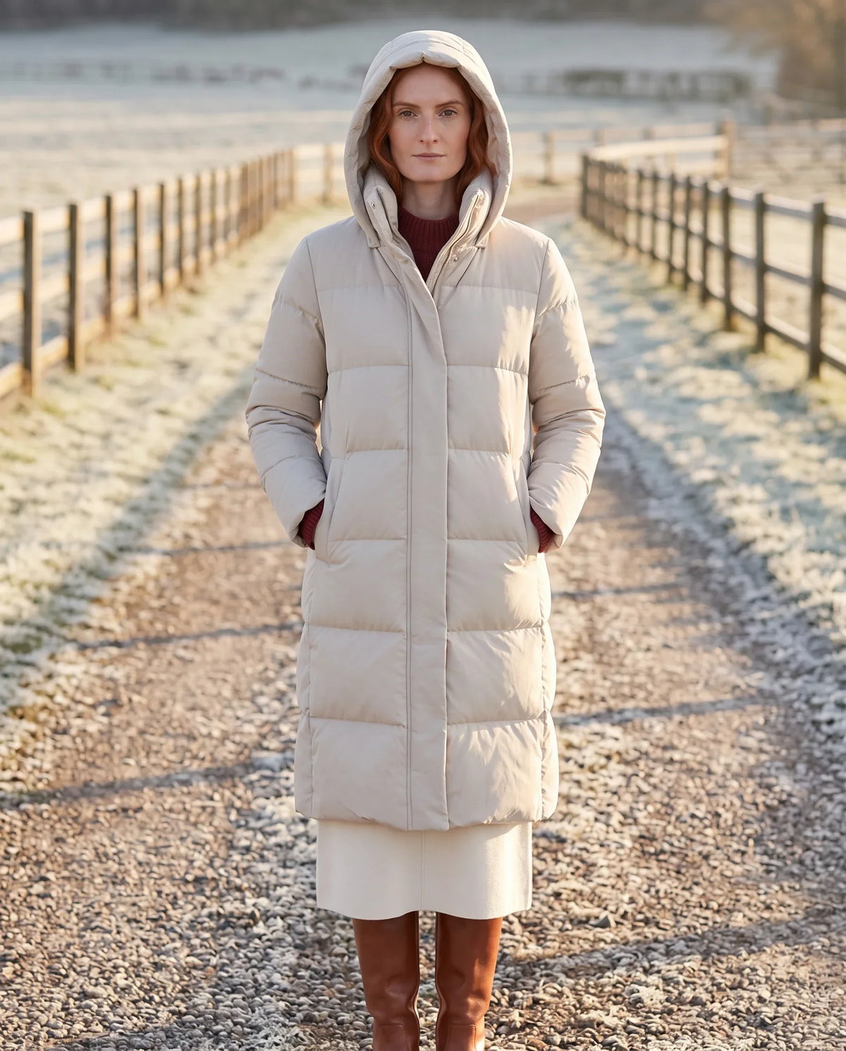 Long Water-Repellent Puffer Jacket with Hood Collar