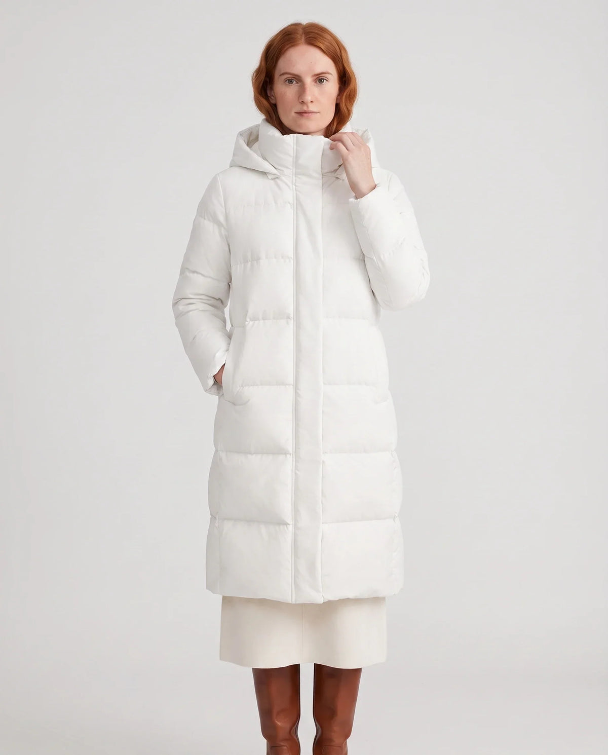 Long Water-Repellent Puffer Jacket with Hood Collar