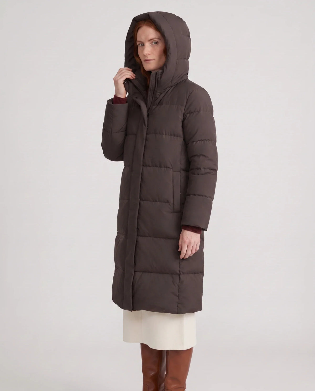 Long Water-Repellent Puffer Jacket with Hood Collar