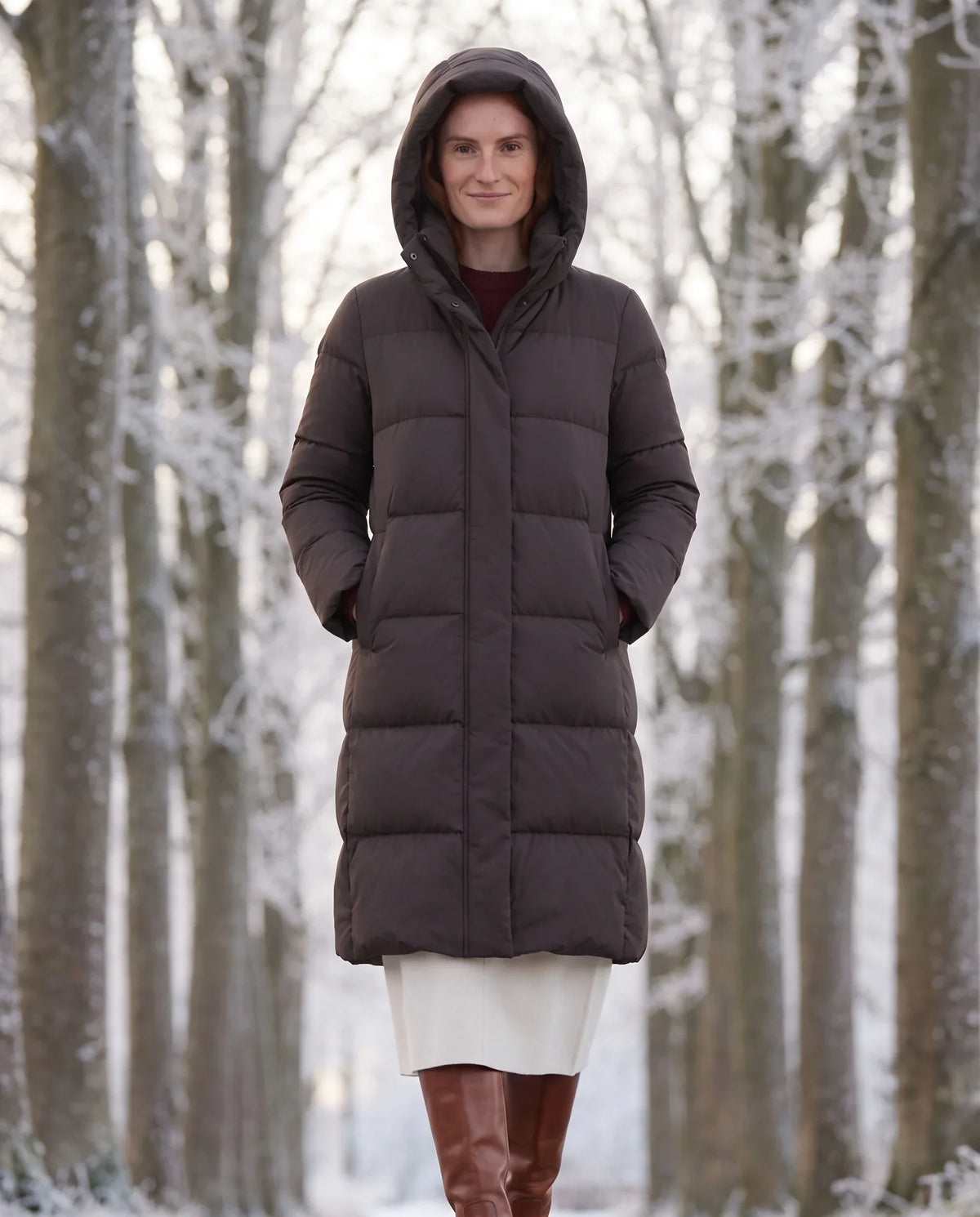 Long Water-Repellent Puffer Jacket with Hood Collar
