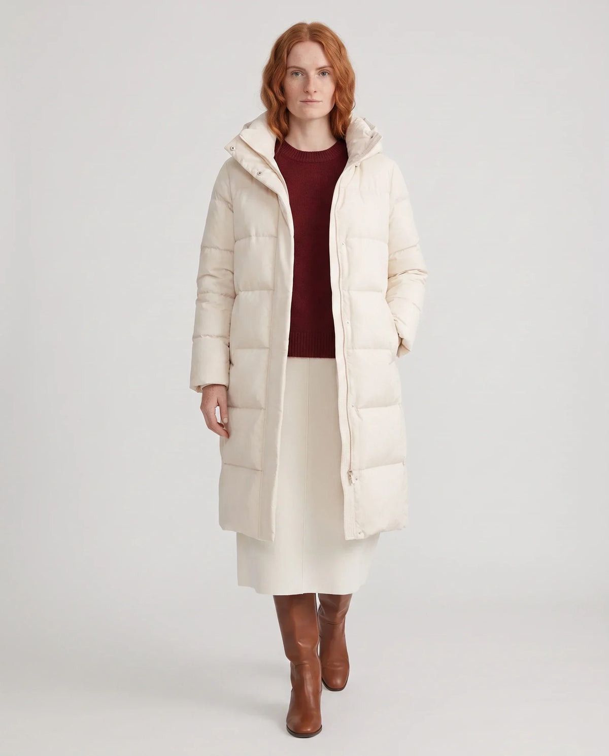 Long Water-Repellent Puffer Jacket with Hood Collar