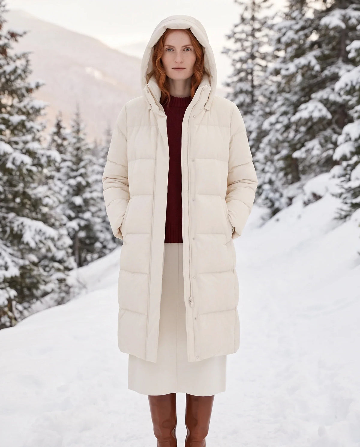 Long Water-Repellent Puffer Jacket with Hood Collar