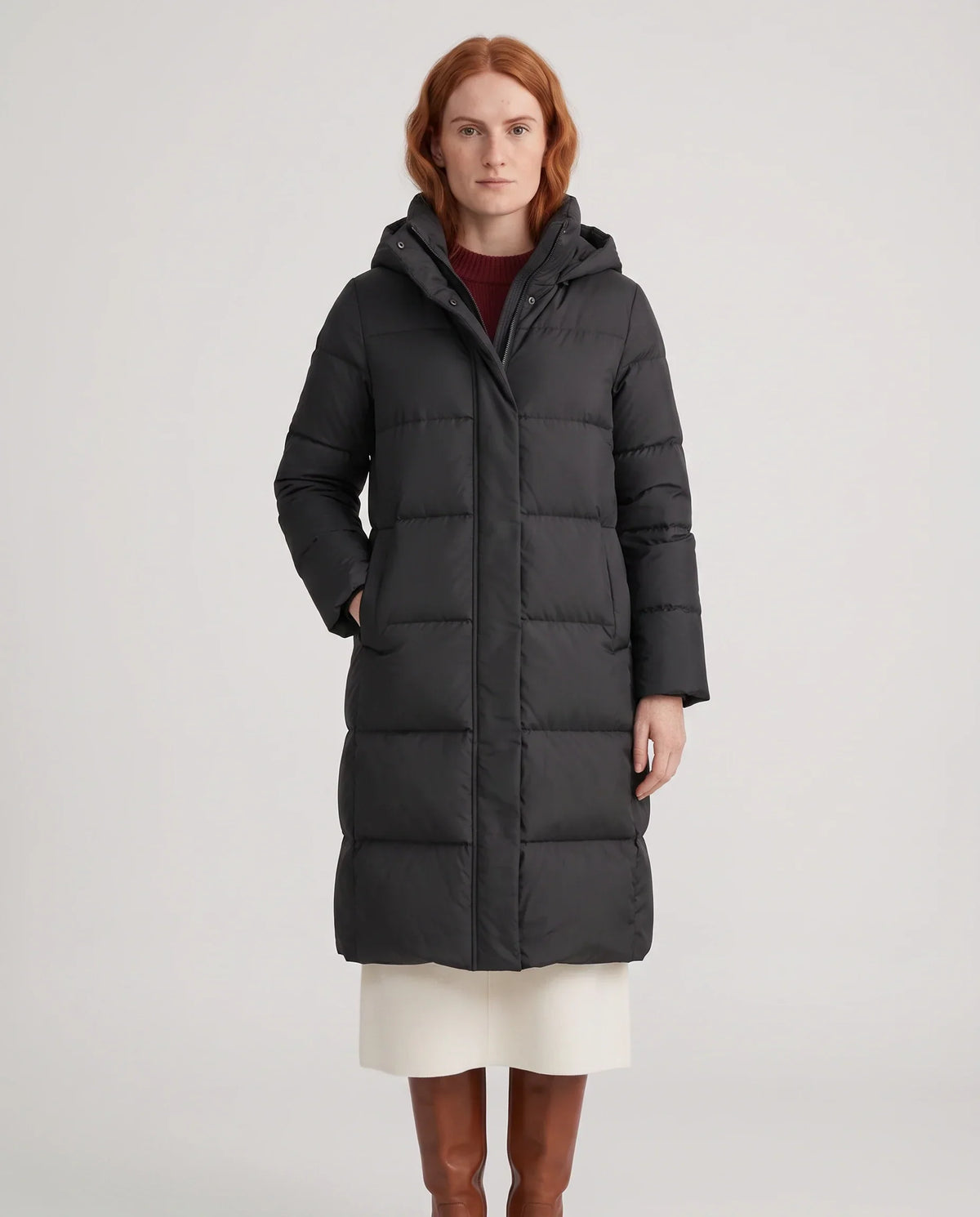Long Water-Repellent Puffer Jacket with Hood Collar