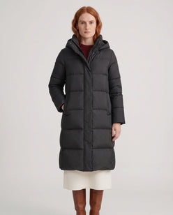Long Water-Repellent Puffer Jacket with Hood Collar