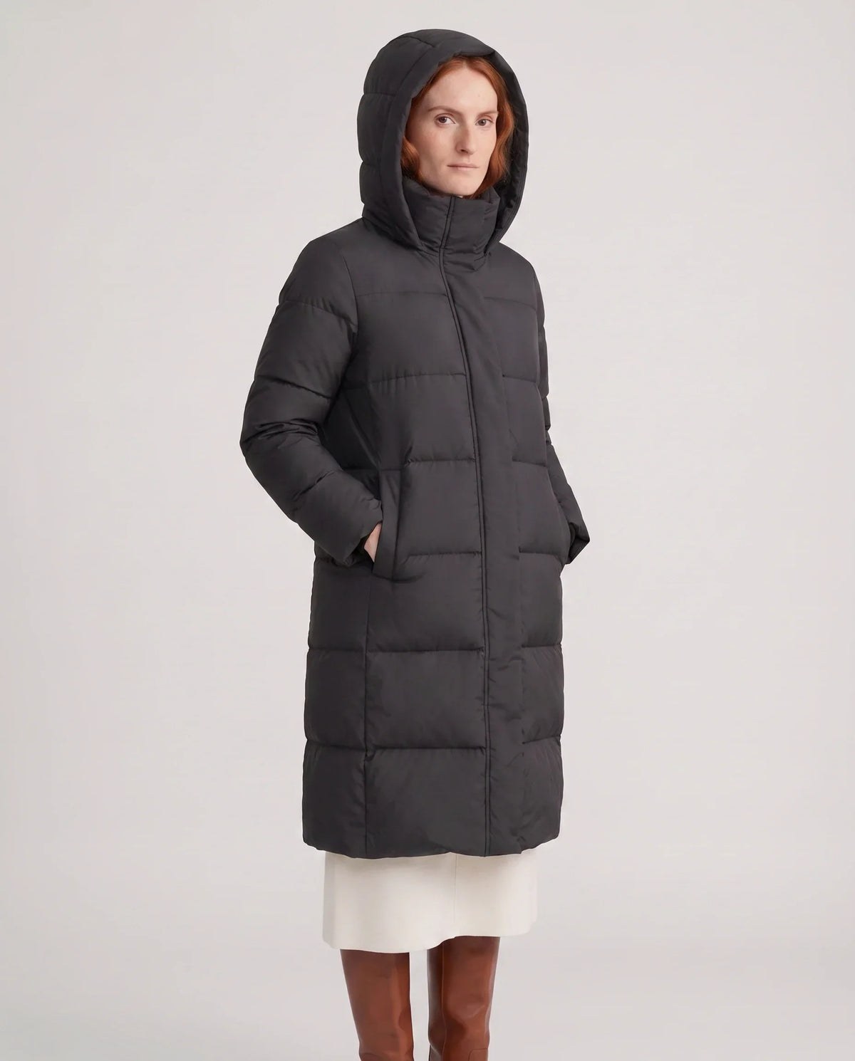 Long Water-Repellent Puffer Jacket with Hood Collar