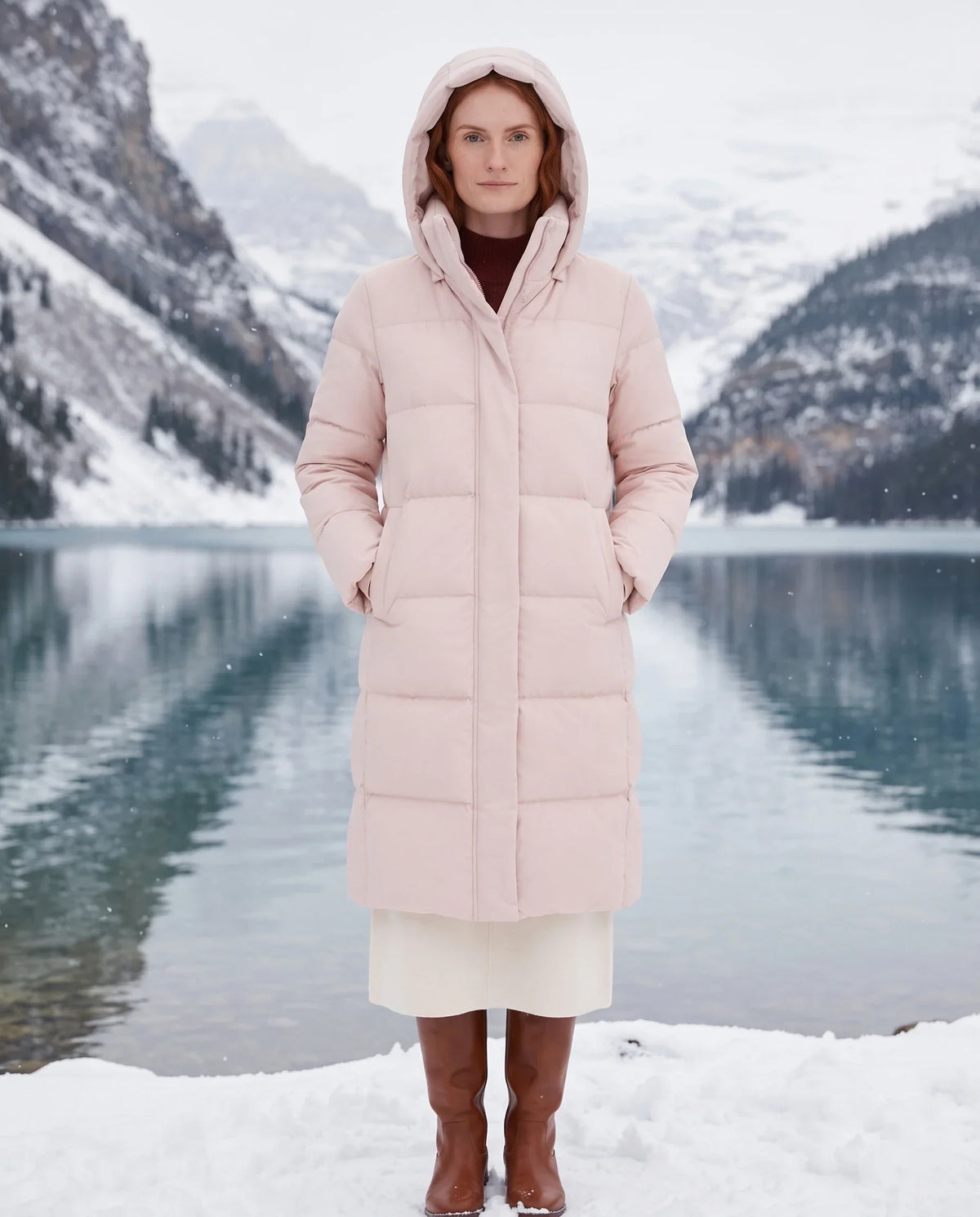 Long Water-Repellent Puffer Jacket with Hood Collar