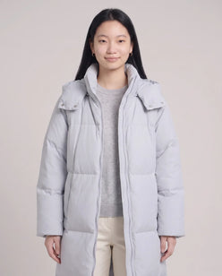 Long Puffer Jacket with Funnel Collar and Detachable Hood