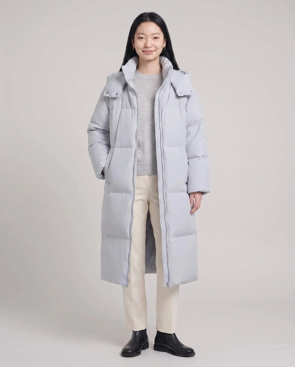 Long Puffer Jacket with Funnel Collar and Detachable Hood