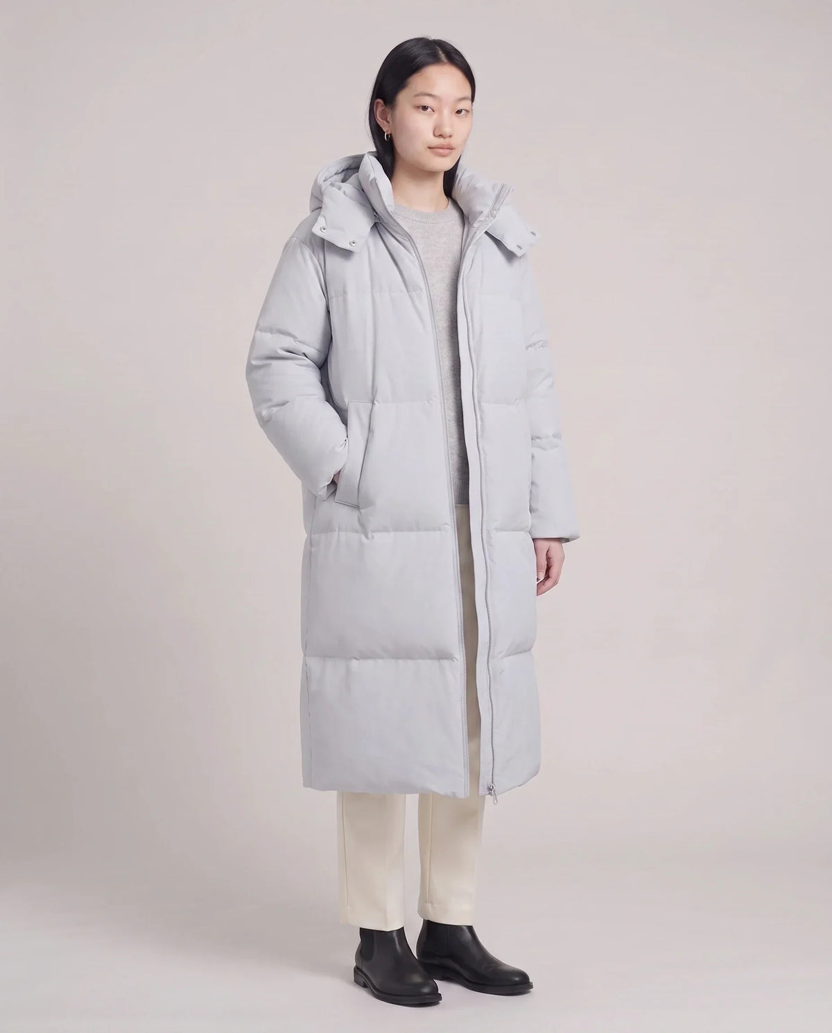 Long Puffer Jacket with Funnel Collar and Detachable Hood
