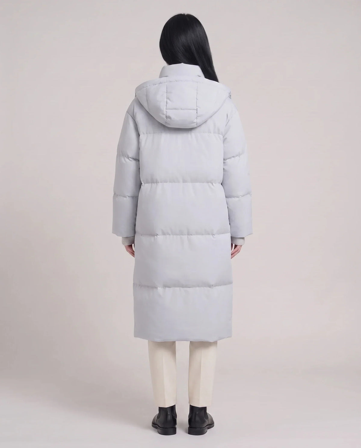 Long Puffer Jacket with Funnel Collar and Detachable Hood