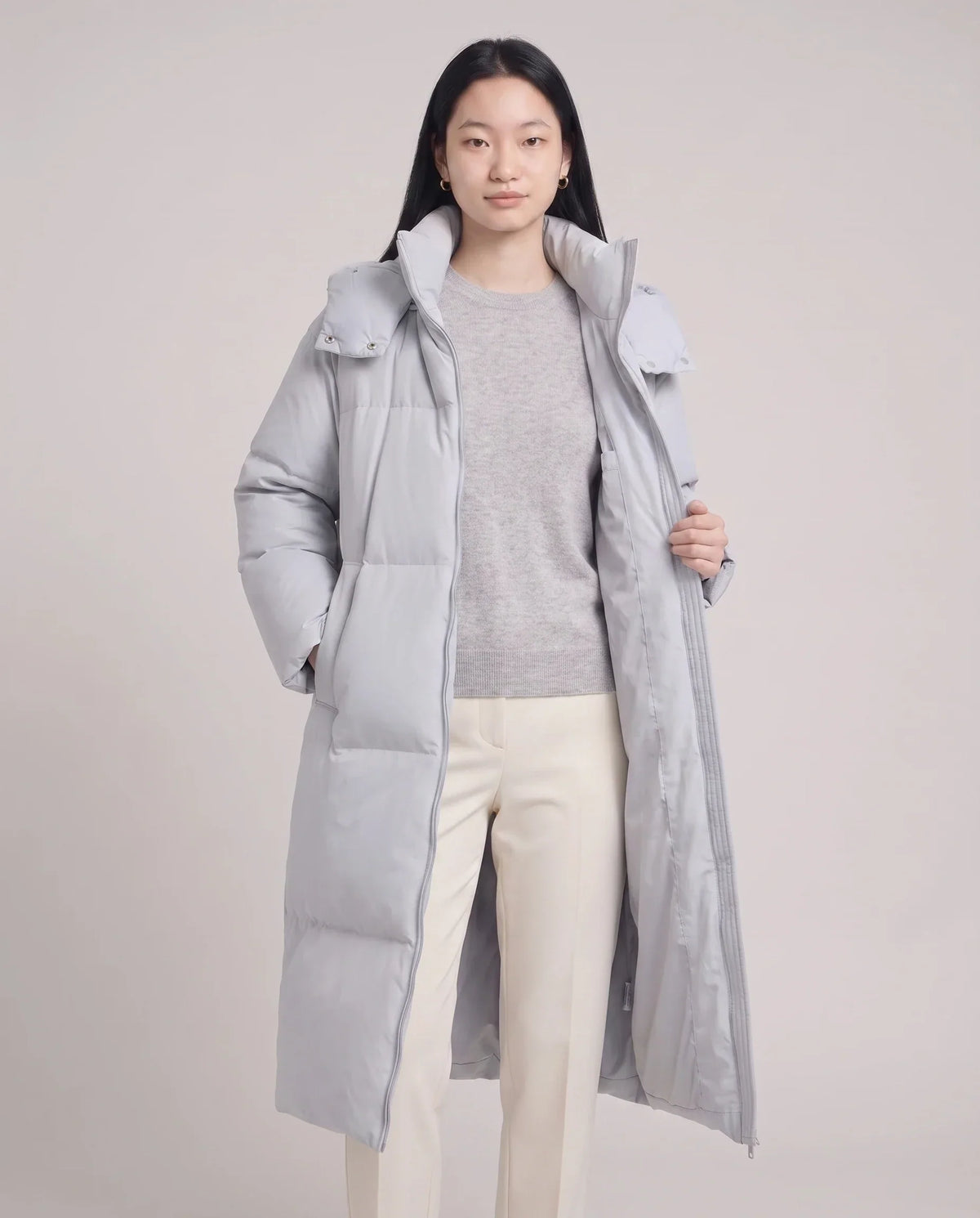 Long Puffer Jacket with Funnel Collar and Detachable Hood