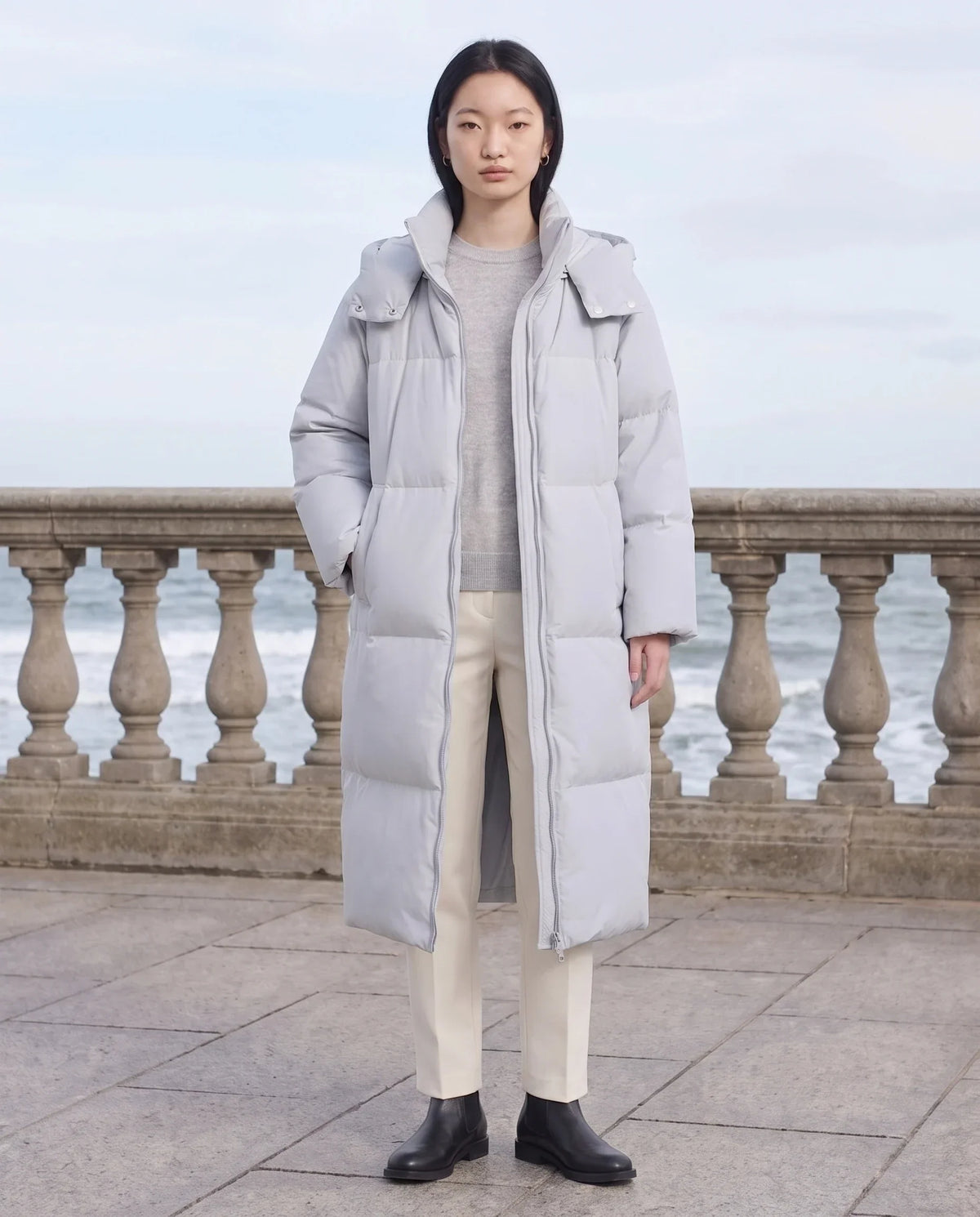 Long Puffer Jacket with Funnel Collar and Detachable Hood