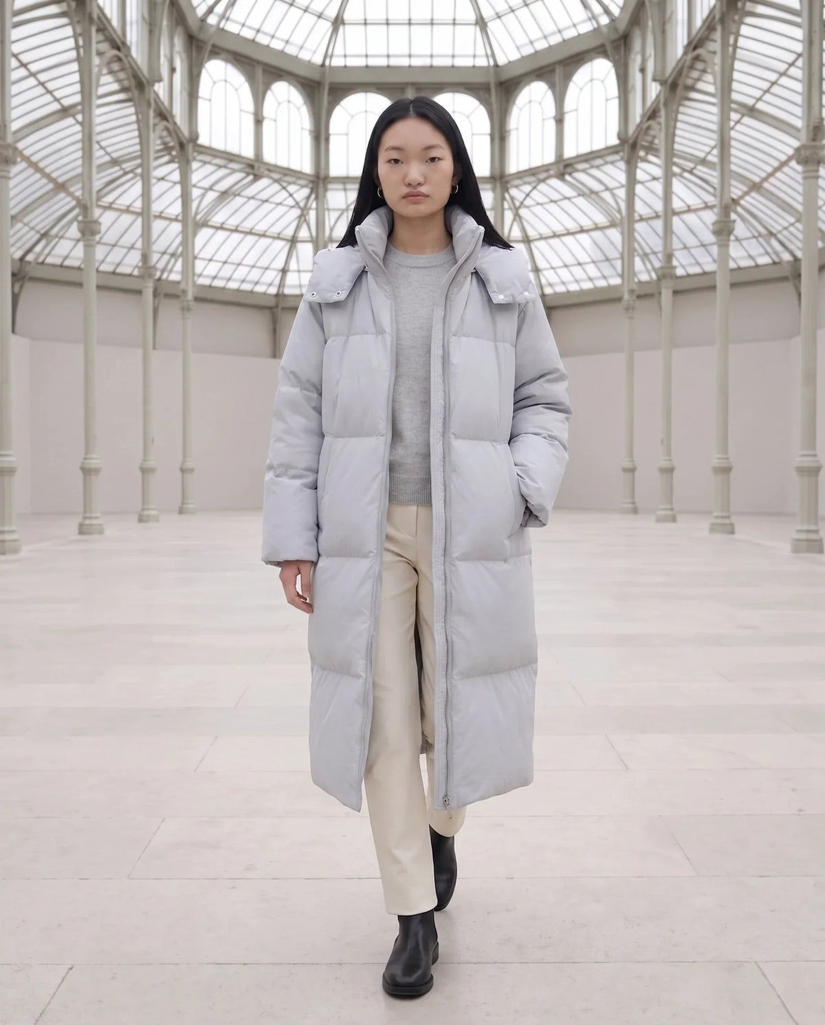 Long Puffer Jacket with Funnel Collar and Detachable Hood
