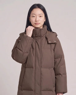 Long Puffer Jacket with Funnel Collar and Detachable Hood