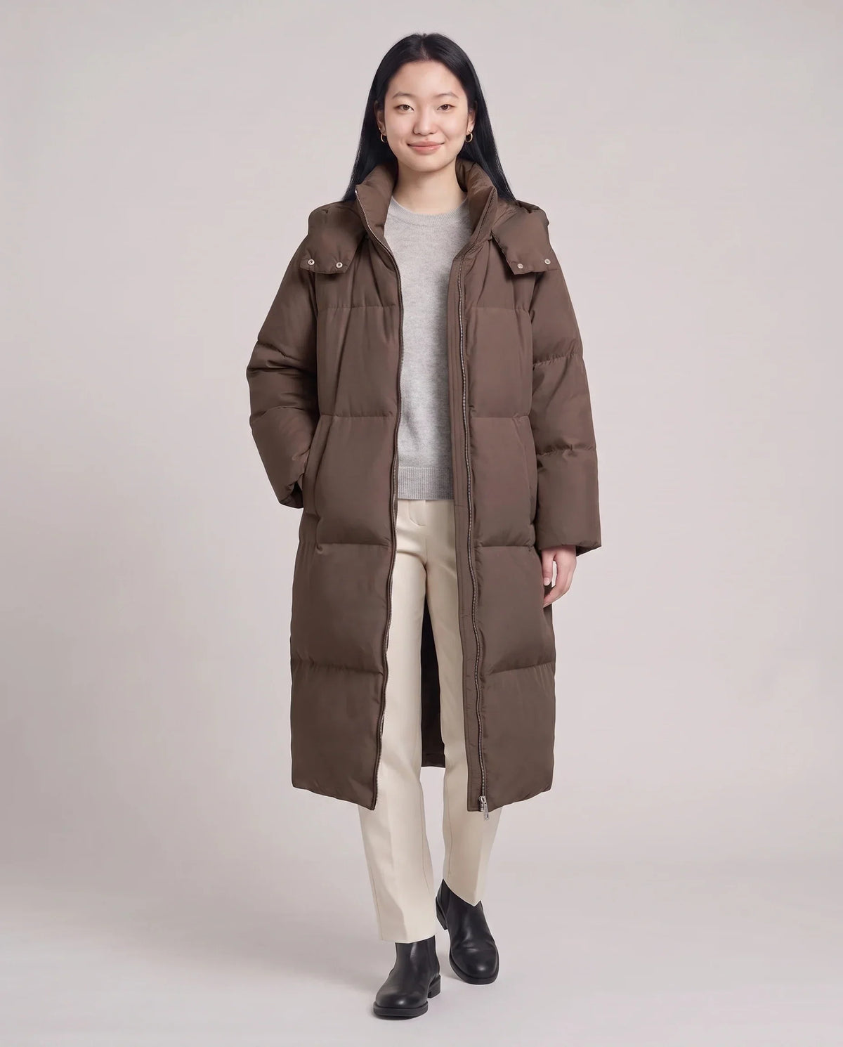 Long Puffer Jacket with Funnel Collar and Detachable Hood