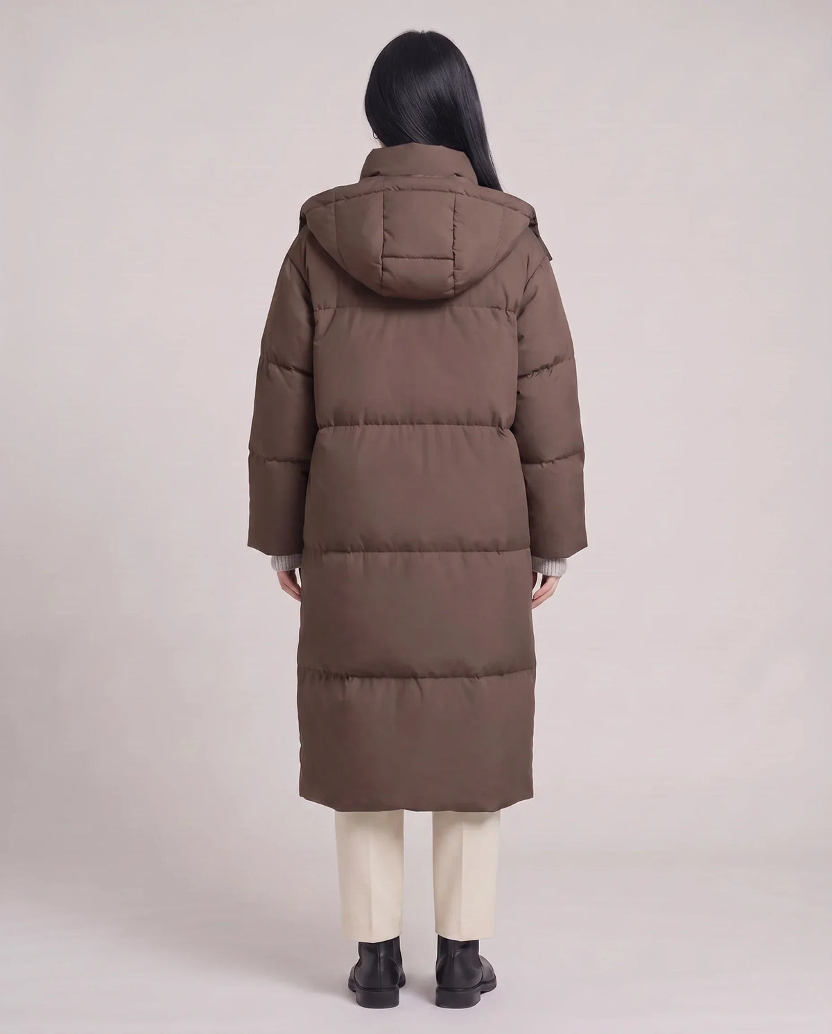 Long Puffer Jacket with Funnel Collar and Detachable Hood