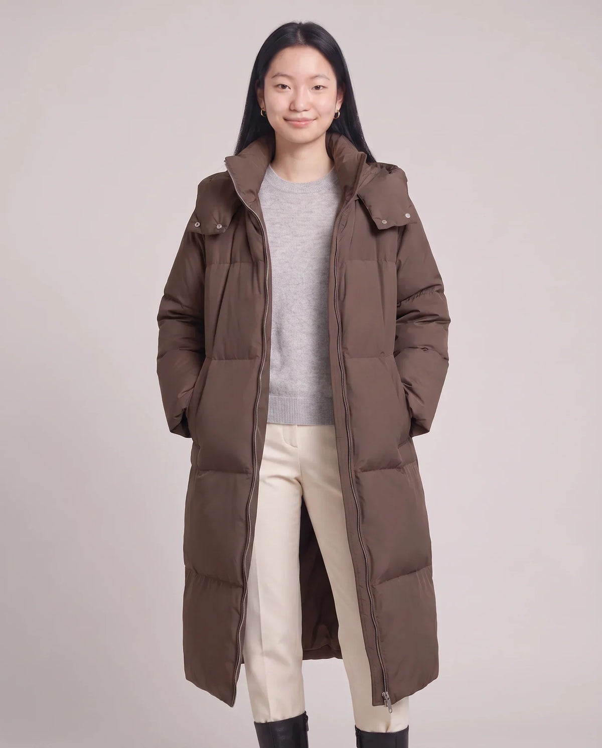 Long Puffer Jacket with Funnel Collar and Detachable Hood
