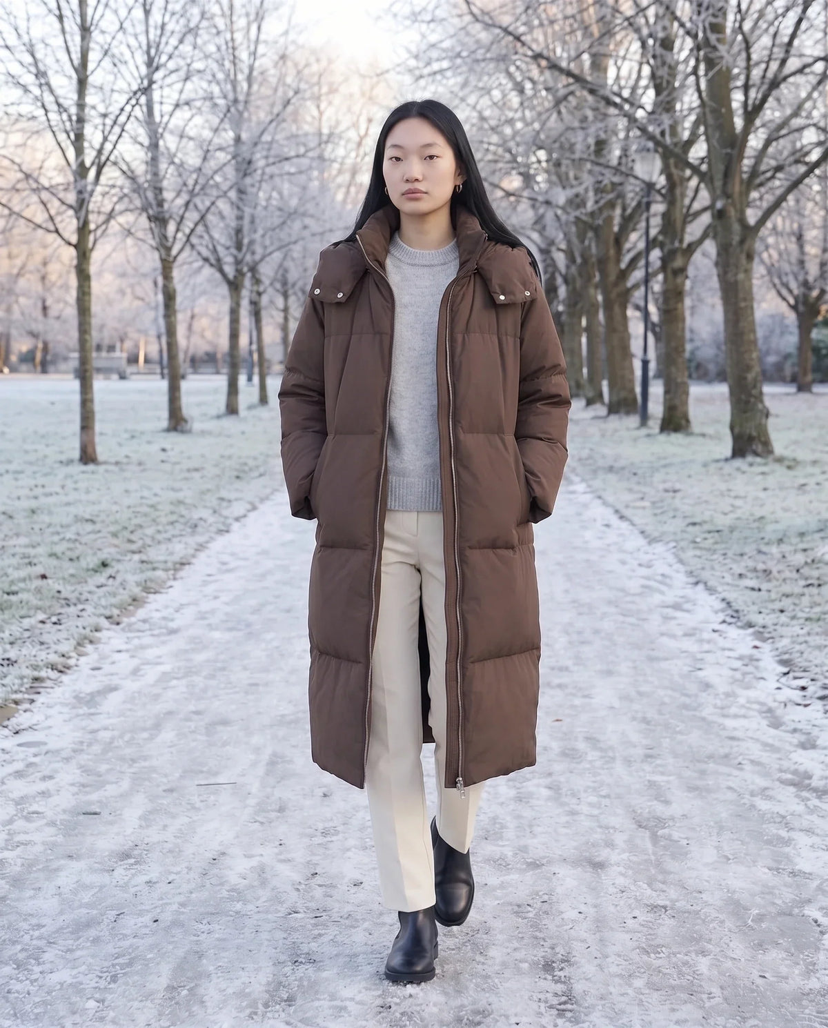 Long Puffer Jacket with Funnel Collar and Detachable Hood