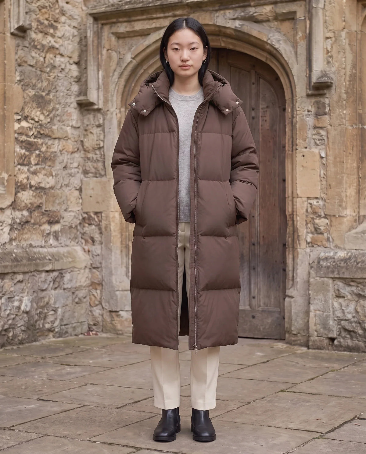 Long Puffer Jacket with Funnel Collar and Detachable Hood