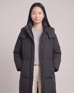 Long Puffer Jacket with Funnel Collar and Detachable Hood