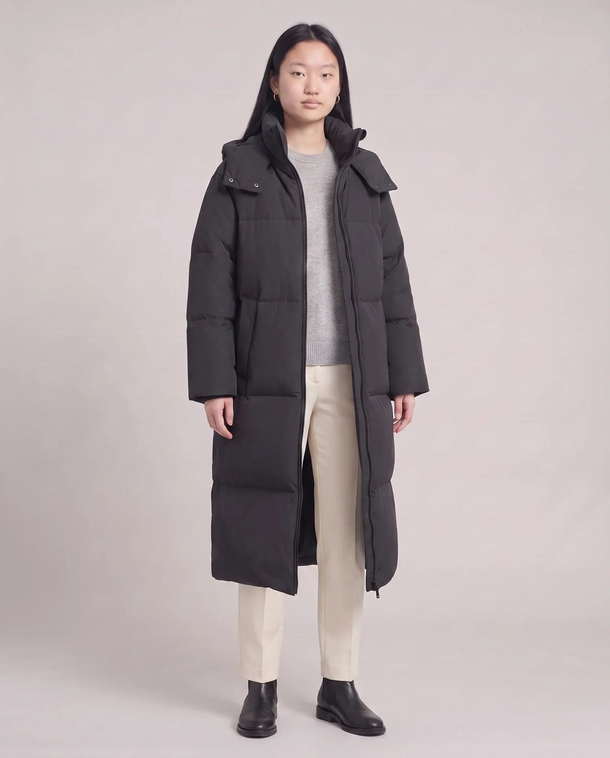 Long Puffer Jacket with Funnel Collar and Detachable Hood