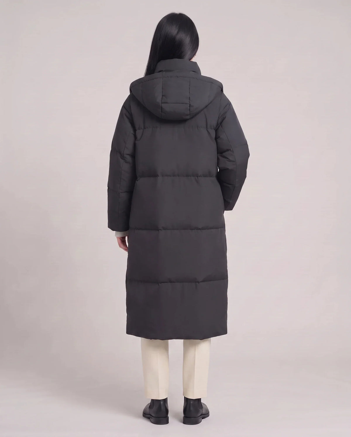 Long Puffer Jacket with Funnel Collar and Detachable Hood
