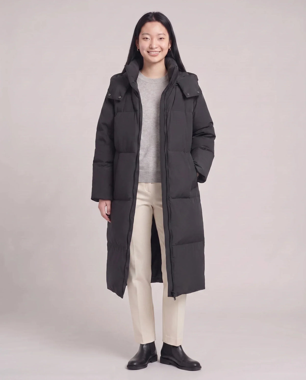 Long Puffer Jacket with Funnel Collar and Detachable Hood