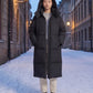 Long Puffer Jacket with Funnel Collar and Detachable Hood