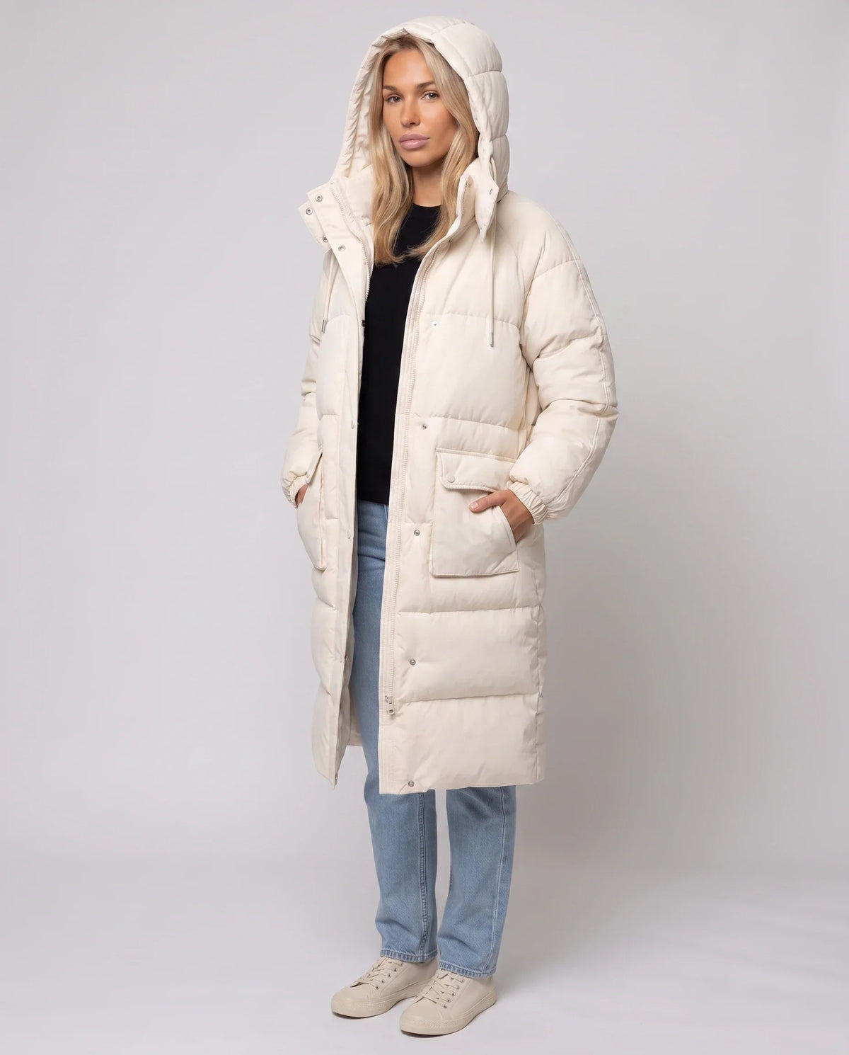 Long Water-Repellent Puffer Jacket with Patch Pockets