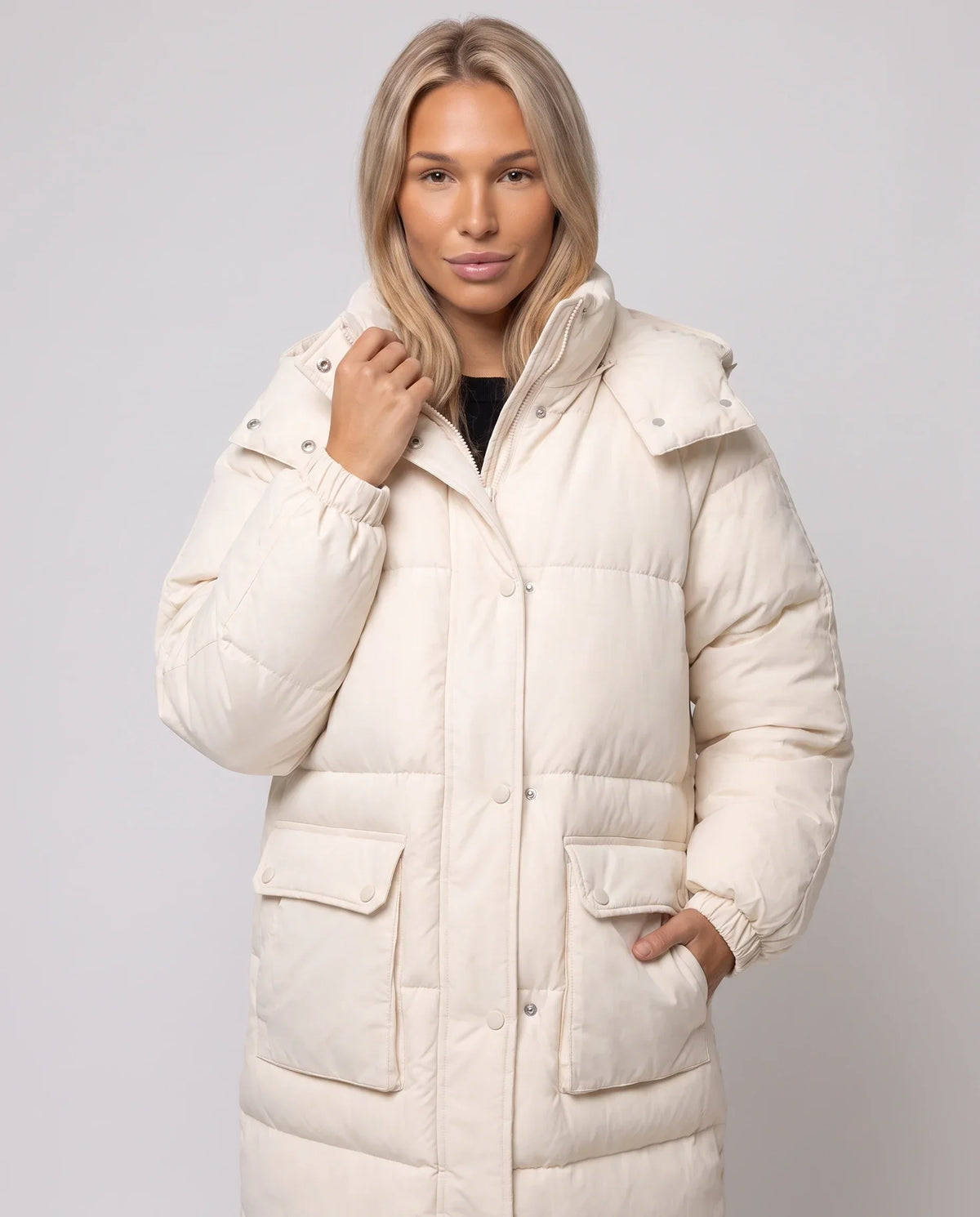 Long Water-Repellent Puffer Jacket with Patch Pockets
