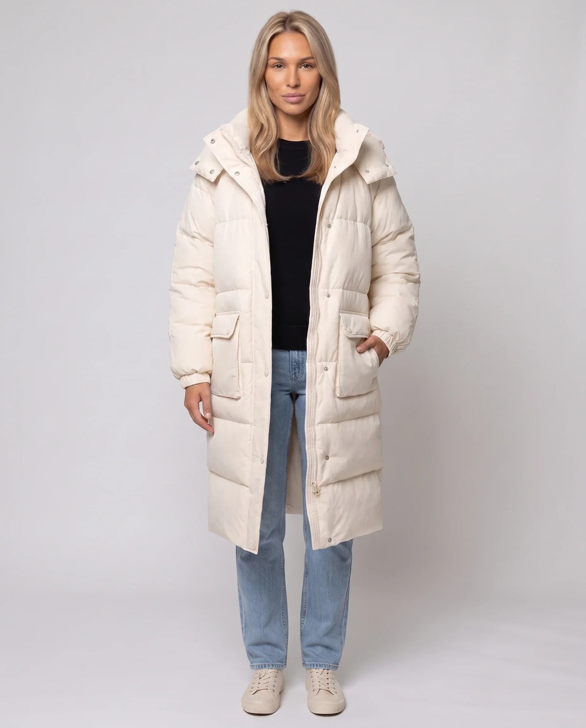 Long Water-Repellent Puffer Jacket with Patch Pockets