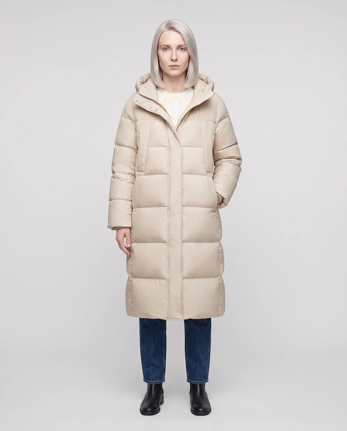 Long Flared Puffer Jacket with Water-Repellent Hood